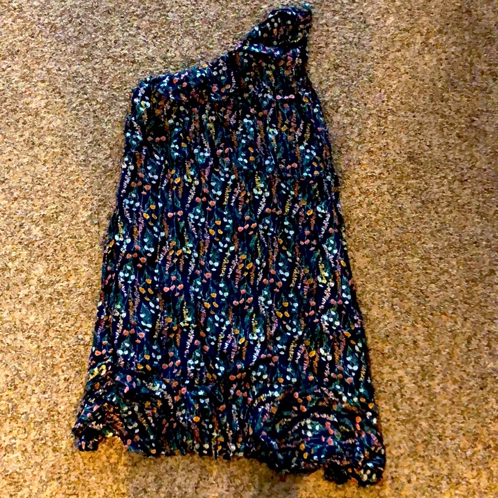 One shoulder blue ruffle floral dress